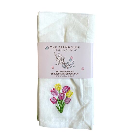 8pc Rachel Ashwell THE FARMHOUSE Cotton Napkins 18x18 Embroidered Tulips New - Picture 1 of 15